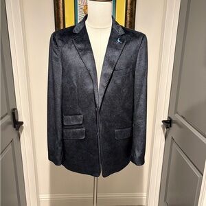 Tailorbyrd Elegant Midnight Blue Velvet Paisley Mens Blazer
